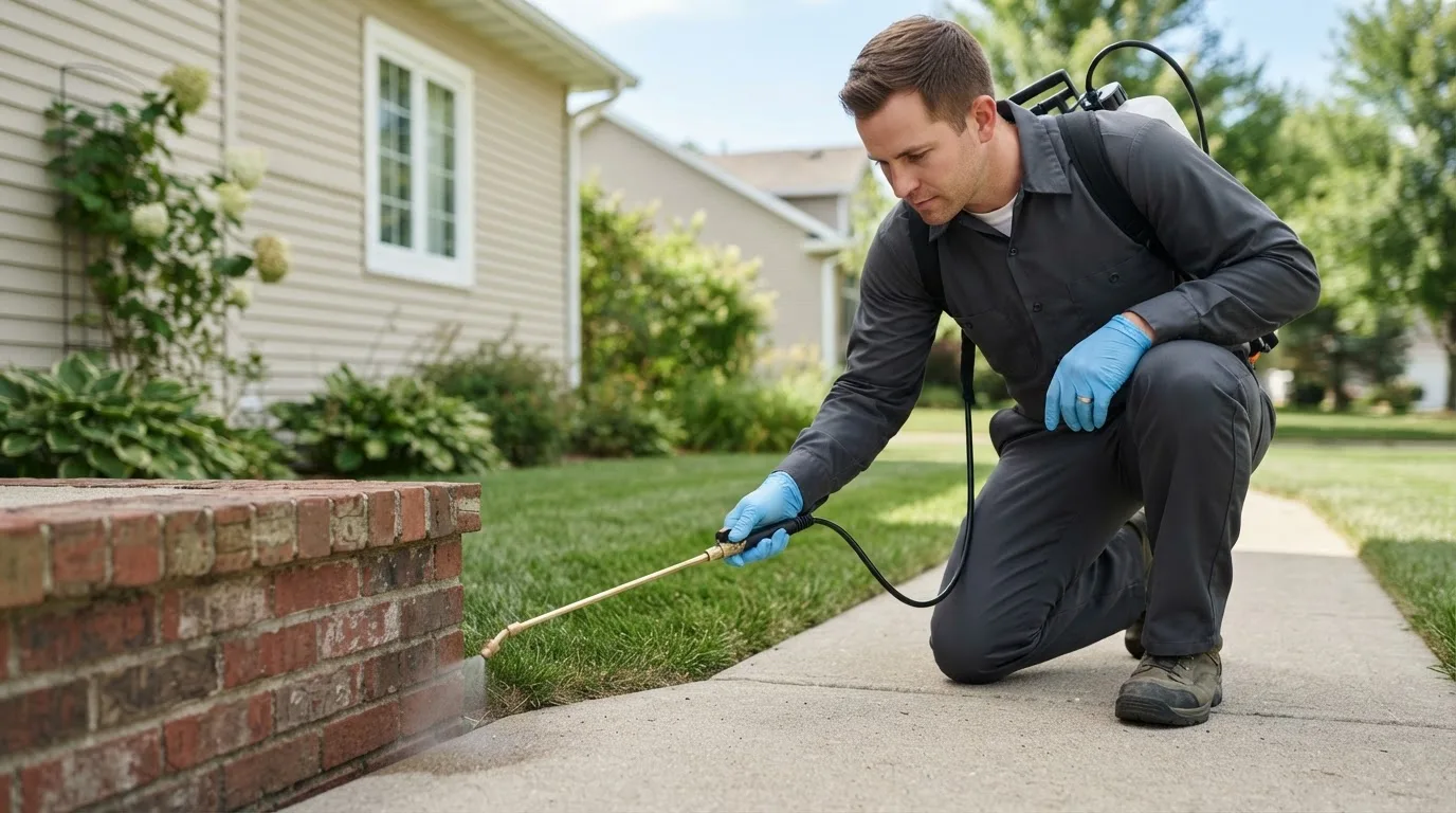 Pest control technician treating a home near South Roxana, IL