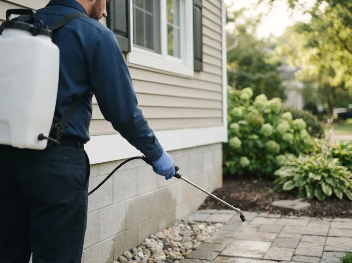 Pest control technician inspecting a home in South Roxana, IL